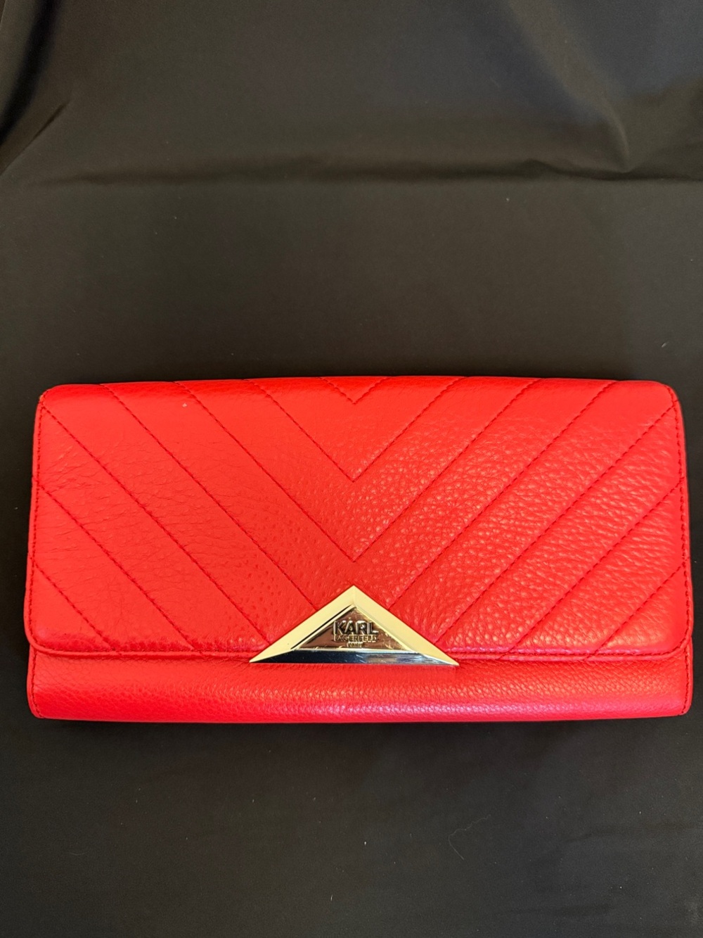 Karl Lagerfeld Red Quilted Chevron Leather Clutch with Gold Triangle Logo